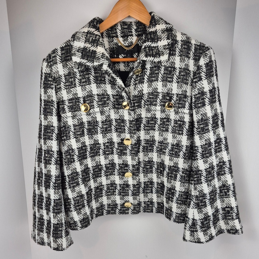 J Crew Bjork Lady Jacket M Black Ivory Tweed Check Wide Cuff Old Money Cropped